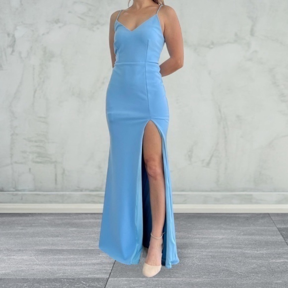 Alamour The Label Blue Crepe Maxi Dress Size XS Lace Up Back Front Slit